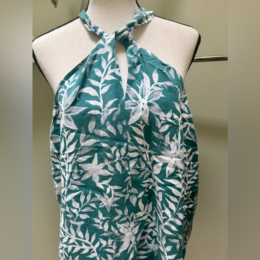 LOFT Teal and White linen blend Floral Halter Top, size Large